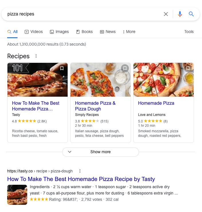 Screenshot of pizza recipes rich snippets