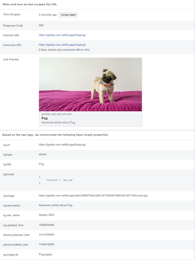 Screenshot of Facebook Sharing Debugger tool