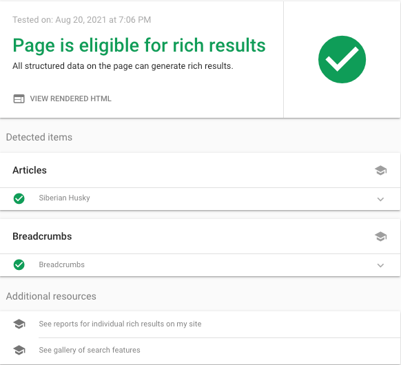 Screenshot of Google Rich Results tool